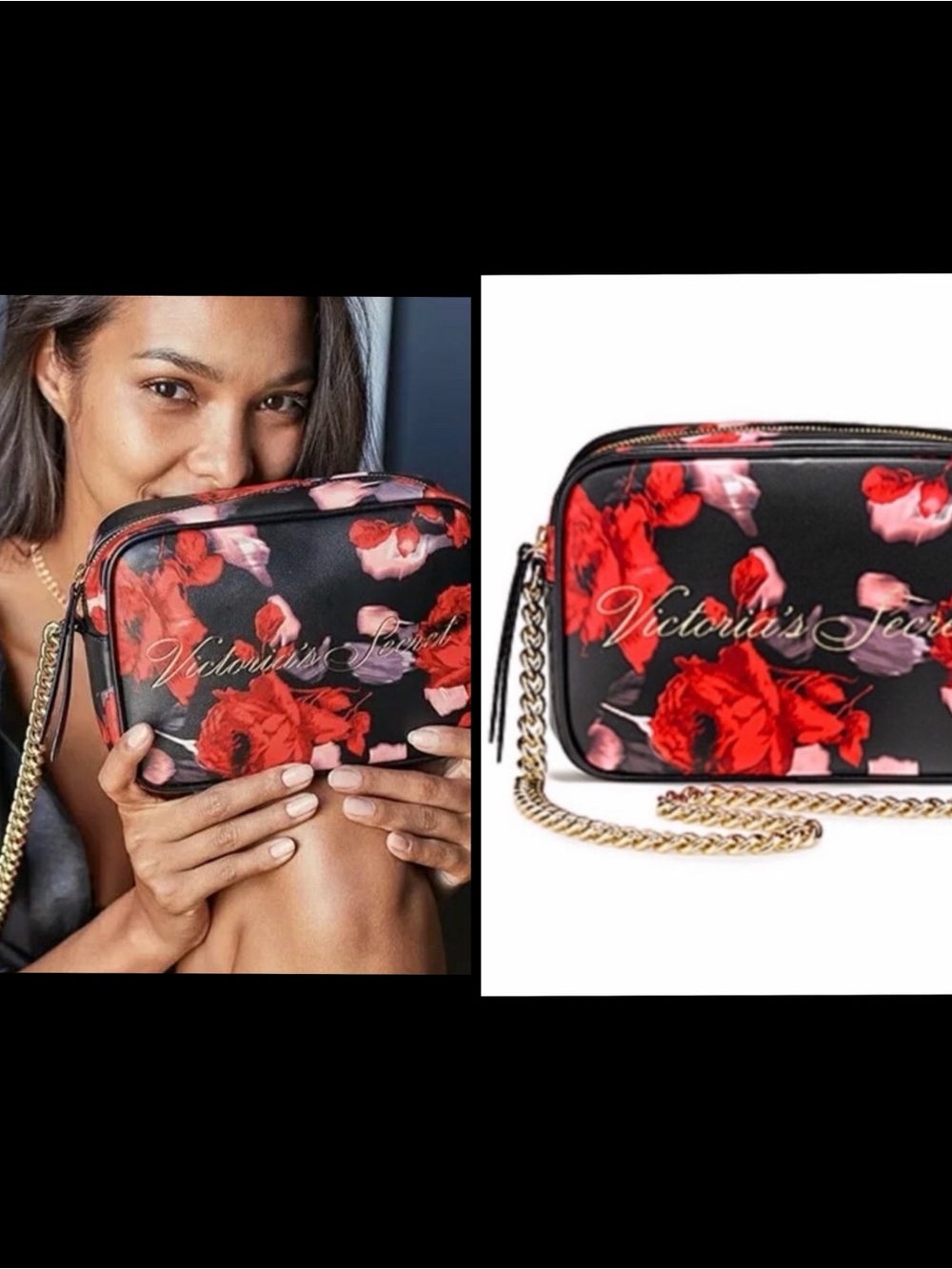 NWT! Victoria's Secret Black Crossbody Bag with Red Floral Print and Gold Chain